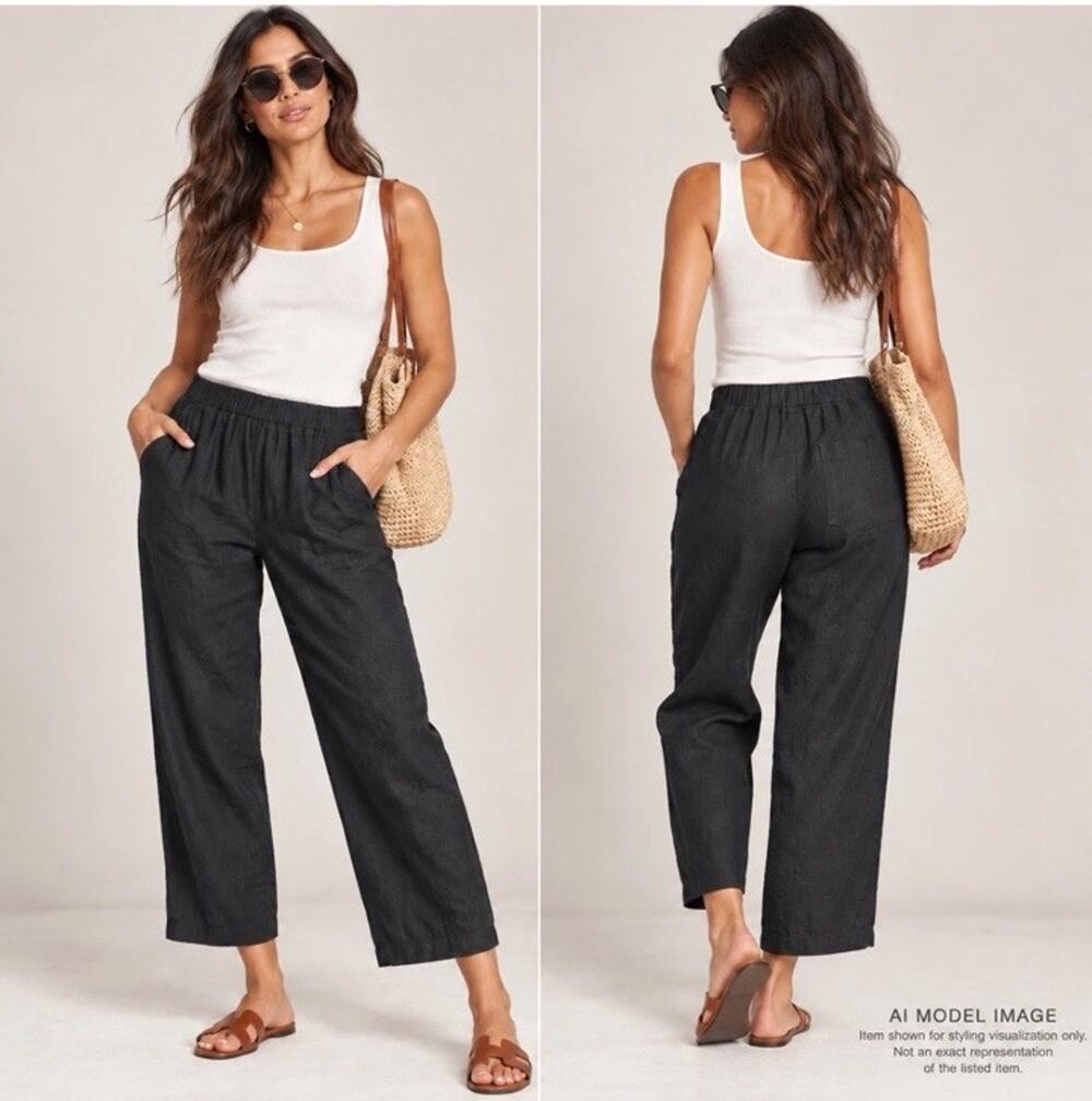 Quince Womens Sz Medium Black European Linen Pants Elastic Waist Cropped Coastal